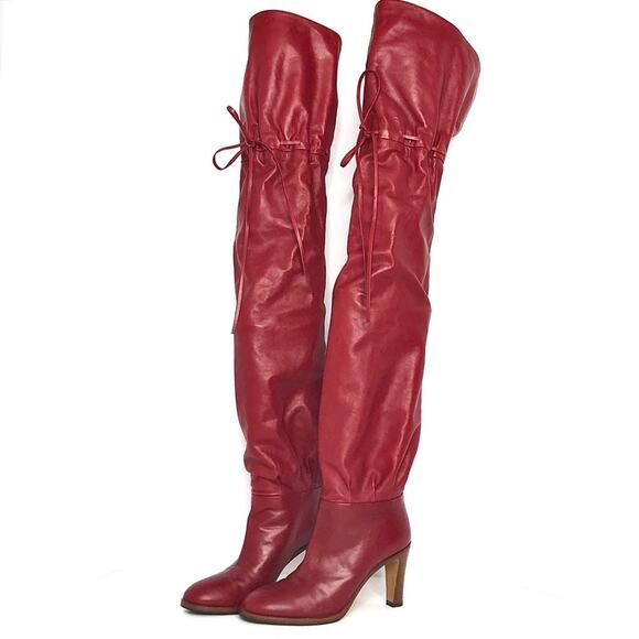 Gucci Thigh High Red Leather Slouch Drawstring Pull On Boots 37 - Picture 1 of 9